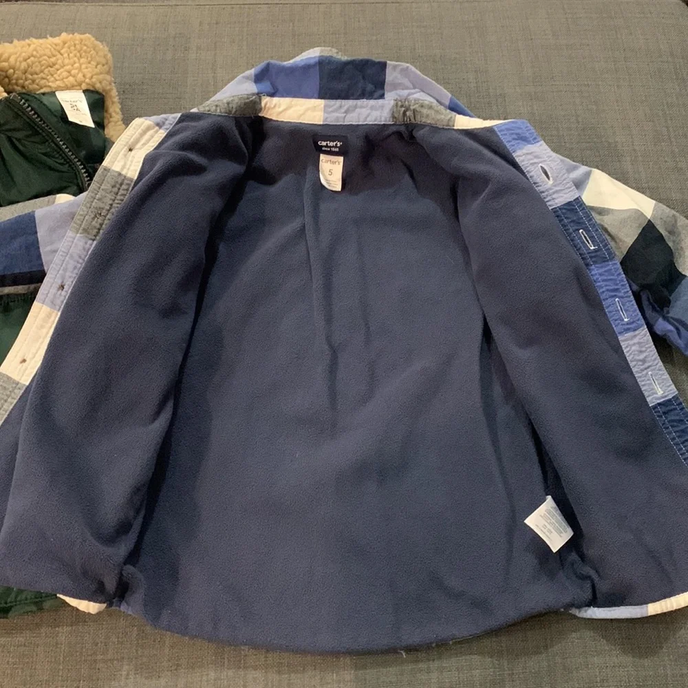 Carter’s (1)Vest Green Fleece Neck Pockets (2)Shacket Navy Blue Plaid Pockets 5T